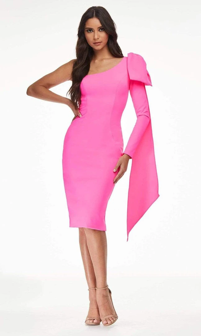 Ashley Lauren - 4480 Bow Tie Single Shoulder Midi Dress 6 Ashley Lauren - 4480 Bow Tie Single Shoulder Midi Dress