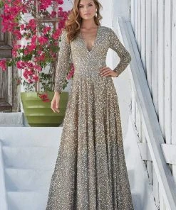 Ashley Lauren - Ombre Sequined V-neck A-line Dress 1456