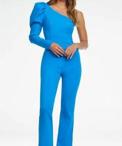 Ashley Lauren - Puff Sleeve Jumpsuit 11120 - 1 Pc Blue In Size 8 Available