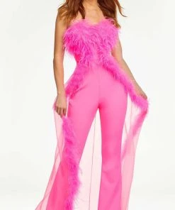 Ashley Lauren - Strapless Feather Overskirt Jumpsuit