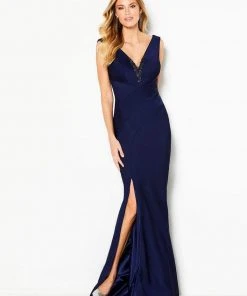 Cameron Blake By Mon Cheri Cameron Blake - 219677 Embellished Plunging V-neck Trumpet Dress