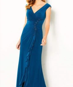 Cameron Blake By Mon Cheri - 220634 V Neck Ruffle Drape Jersey Gown