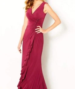 Cameron Blake By Mon Cheri - 220634 V Neck Ruffle Drape Jersey Gown