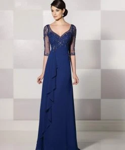 Cameron Blake By Mon Cheri - Beaded Quarter Sleeve Cascade Gown 214689