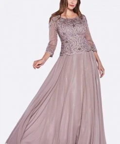 Cinderella Divine - 14327 Quarter Sleeve Soutache Bodice A-Line Long Formal Dress
