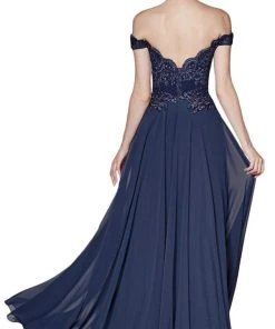 Cinderella Divine - 7258 Flowy Chiffon Lace Embellished A-Line Gown 50 Cinderella Divine - 7258 Flowy Chiffon Lace Embellished A-Line Gown
