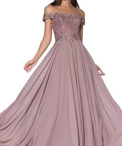 Cinderella Divine - 7258 Flowy Chiffon Lace Embellished A-Line Gown 42 Cinderella Divine - 7258 Flowy Chiffon Lace Embellished A-Line Gown