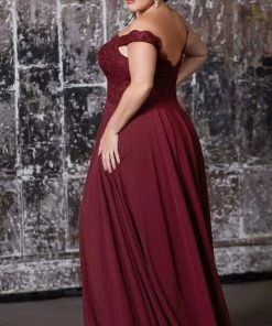 Cinderella Divine - 7258 Flowy Chiffon Lace Embellished A-Line Gown