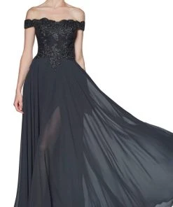 Cinderella Divine - 7258 Flowy Chiffon Lace Embellished A-Line Gown 34 Cinderella Divine - 7258 Flowy Chiffon Lace Embellished A-Line Gown