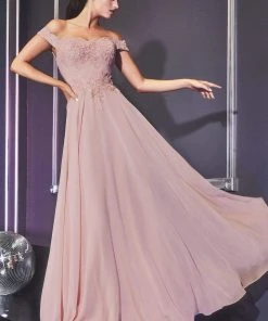 Cinderella Divine - 7258 Flowy Chiffon Lace Embellished A-Line Gown 40 Cinderella Divine - 7258 Flowy Chiffon Lace Embellished A-Line Gown