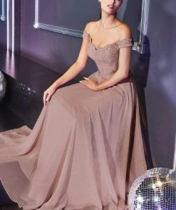 Cinderella Divine - 7258 Flowy Chiffon Lace Embellished A-Line Gown 41 Cinderella Divine - 7258 Flowy Chiffon Lace Embellished A-Line Gown