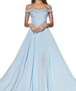 Cinderella Divine - 7258 Flowy Chiffon Lace Embellished A-Line Gown 46 Cinderella Divine - 7258 Flowy Chiffon Lace Embellished A-Line Gown