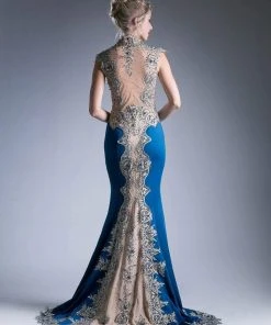 Cinderella Divine - 7263 Cap Sleeve Gilded Lace Queen Anne Long Gown