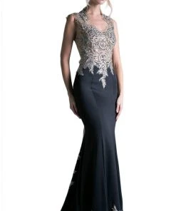 Cinderella Divine - 7263 Cap Sleeve Gilded Lace Queen Anne Long Gown