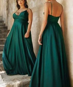 Cinderella Divine - 7485C Spaghetti Strap High Slit Gown