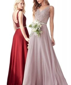 Cinderella Divine - 9173 Long Ornate Lace Bodice Chiffon Dress