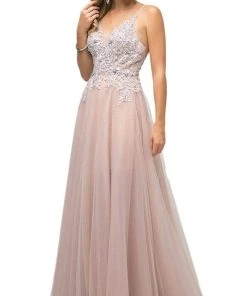 Cinderella Divine - Appliqued V-neck Tulle A-line Dress