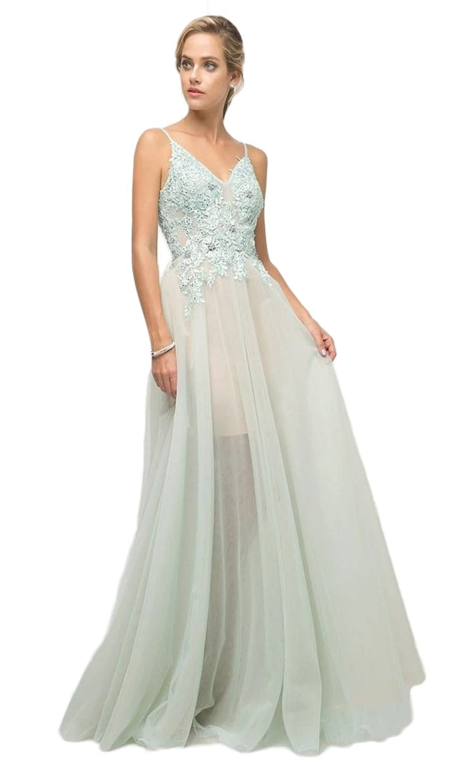 Cinderella Divine - Appliqued V-neck Tulle A-line Dress 3 Cinderella Divine - Appliqued V-neck Tulle A-line Dress