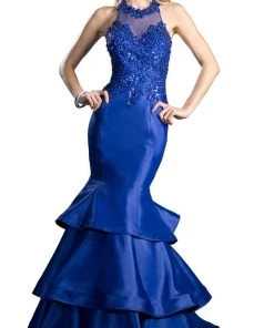Cinderella Divine - Beaded Halter Tiered Mermaid Prom Dress With Train