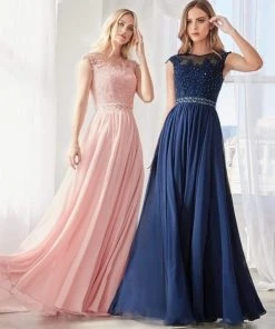 Cinderella Divine - Beaded Lace Illusion Bateau A-line Dress