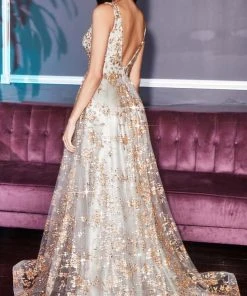 Cinderella Divine - CB068 Metallic Lace Print Glitter Net A-Line Gown