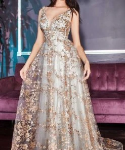 Cinderella Divine - CB068 Metallic Lace Print Glitter Net A-Line Gown