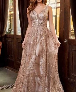 Cinderella Divine - CB068 Metallic Lace Print Glitter Net A-Line Gown
