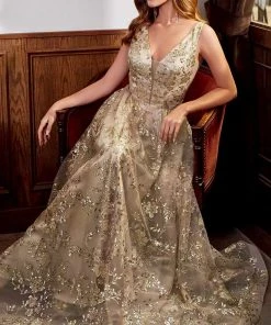 Cinderella Divine - CB068 Metallic Lace Print Glitter Net A-Line Gown