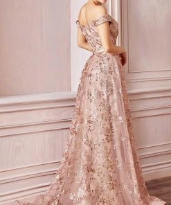 Cinderella Divine - CB069 Embellished Print Off Shoulder Gown