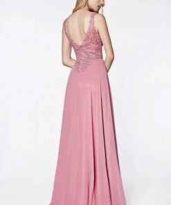 Cinderella Divine - CD0133 Sleeveless V Neck Lace Bodice Chiffon Gown
