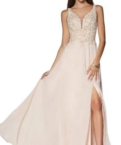 Cinderella Divine - CD0133 Sleeveless V Neck Lace Bodice Chiffon Gown