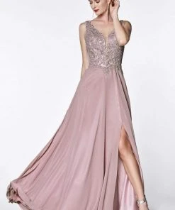 Cinderella Divine - CD0133 Sleeveless V Neck Lace Bodice Chiffon Gown