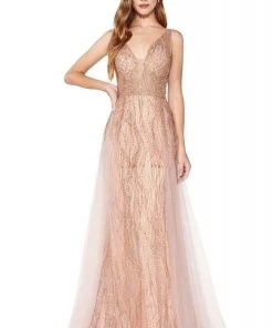 Cinderella Divine - CD0152 Deep V-neck Glitter Tulle A-line Dress