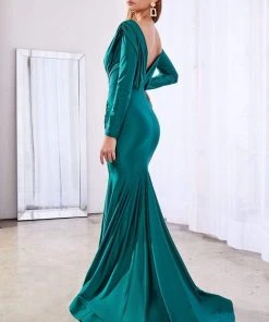 Cinderella Divine - CD0168 Plunging V-Neck Long Sleeve Mermaid Gown