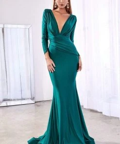 Cinderella Divine - CD0168 Plunging V-Neck Long Sleeve Mermaid Gown