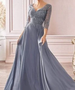 Cinderella Divine - CD0171 Sheer Quarter Beaded Chiffon A-Line Gown