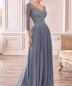 Cinderella Divine - CD0171 Sheer Quarter Beaded Chiffon A-Line Gown