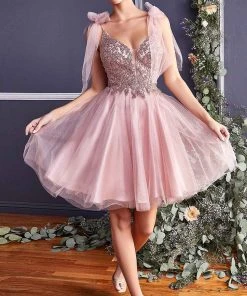 Cinderella Divine - CD0174 Embellished Deep V Neck A-line Dress