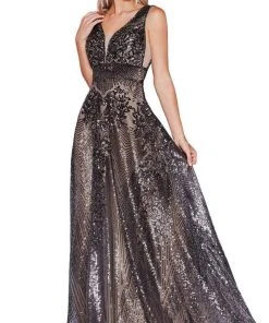 Cinderella Divine - CD09 Sequined Deep V-neck A-line Gown
