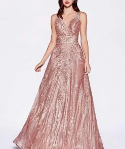 Cinderella Divine - CD09 Sequined Deep V-neck A-line Gown