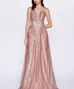 Cinderella Divine - CD09 Sequined Deep V-neck A-line Gown