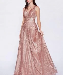 Cinderella Divine - CD09 Sequined Deep V-neck A-line Gown