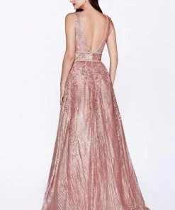 Cinderella Divine - CD09 Sequined Deep V-neck A-line Gown