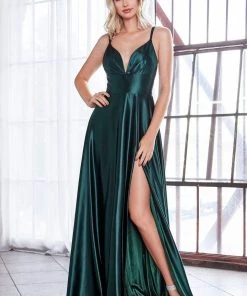 Cinderella Divine - CD903 Deep V-neck Satin A-line Gown 23 Cinderella Divine - CD903 Deep V-neck Satin A-line Gown