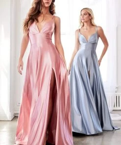 Cinderella Divine - CD903 Deep V-neck Satin A-line Gown 19 Cinderella Divine - CD903 Deep V-neck Satin A-line Gown