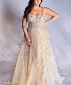 Cinderella Divine - CD940C Plunging V Neck A-Line Gown
