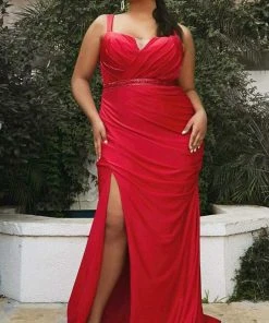 Cinderella Divine - CD941C Ruched Plus Size High Slit Gown