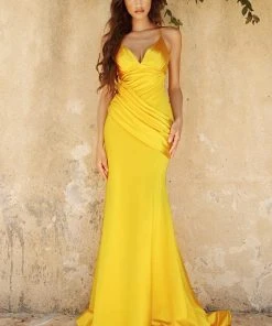 Cinderella Divine - CH236 Open Back Ruched Satin Evening Gown