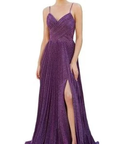 Cinderella Divine - CJ534 Long Pleated Metallic High Slit Dress