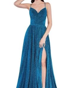 Cinderella Divine - CJ534 Long Pleated Metallic High Slit Dress